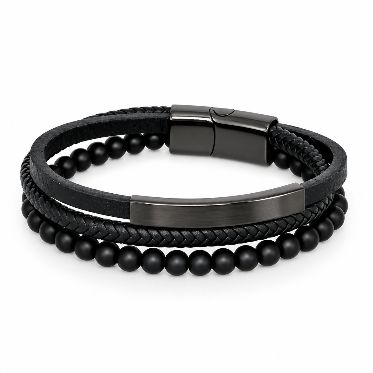 Onyx Leather Bracelet Stack