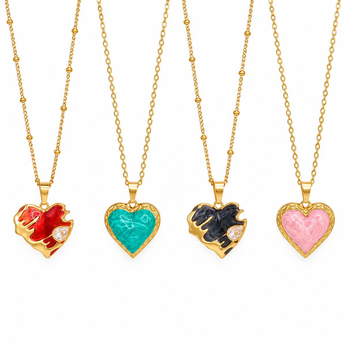 Pink Enamel Heart Necklace (Gold)