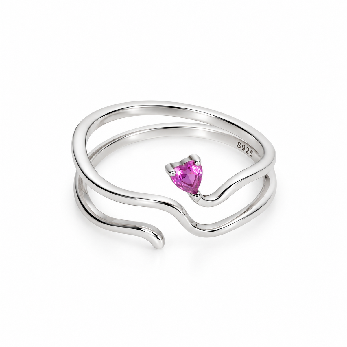 Pink Heart Layered Ring (Silver)