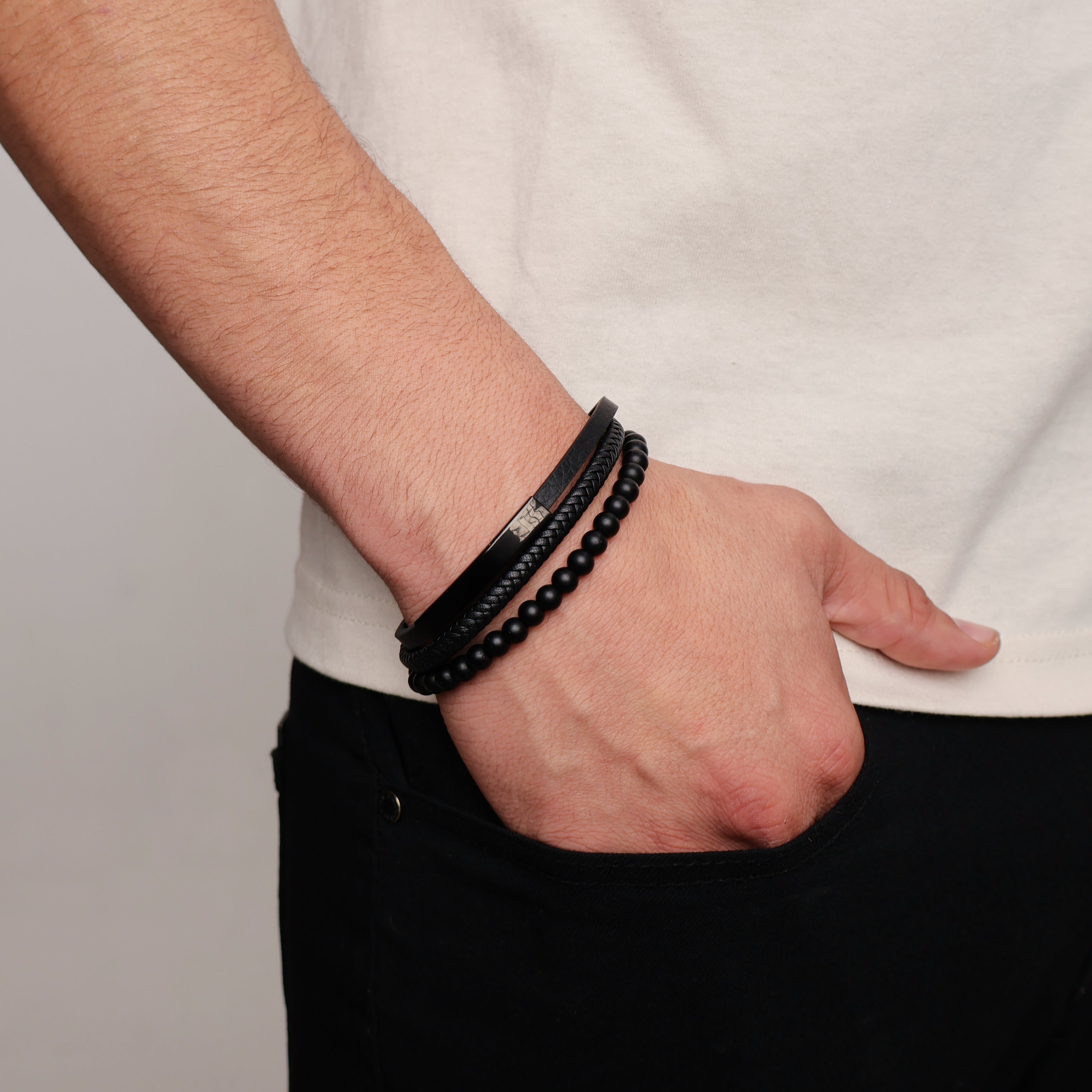 Onyx Leather Bracelet Stack