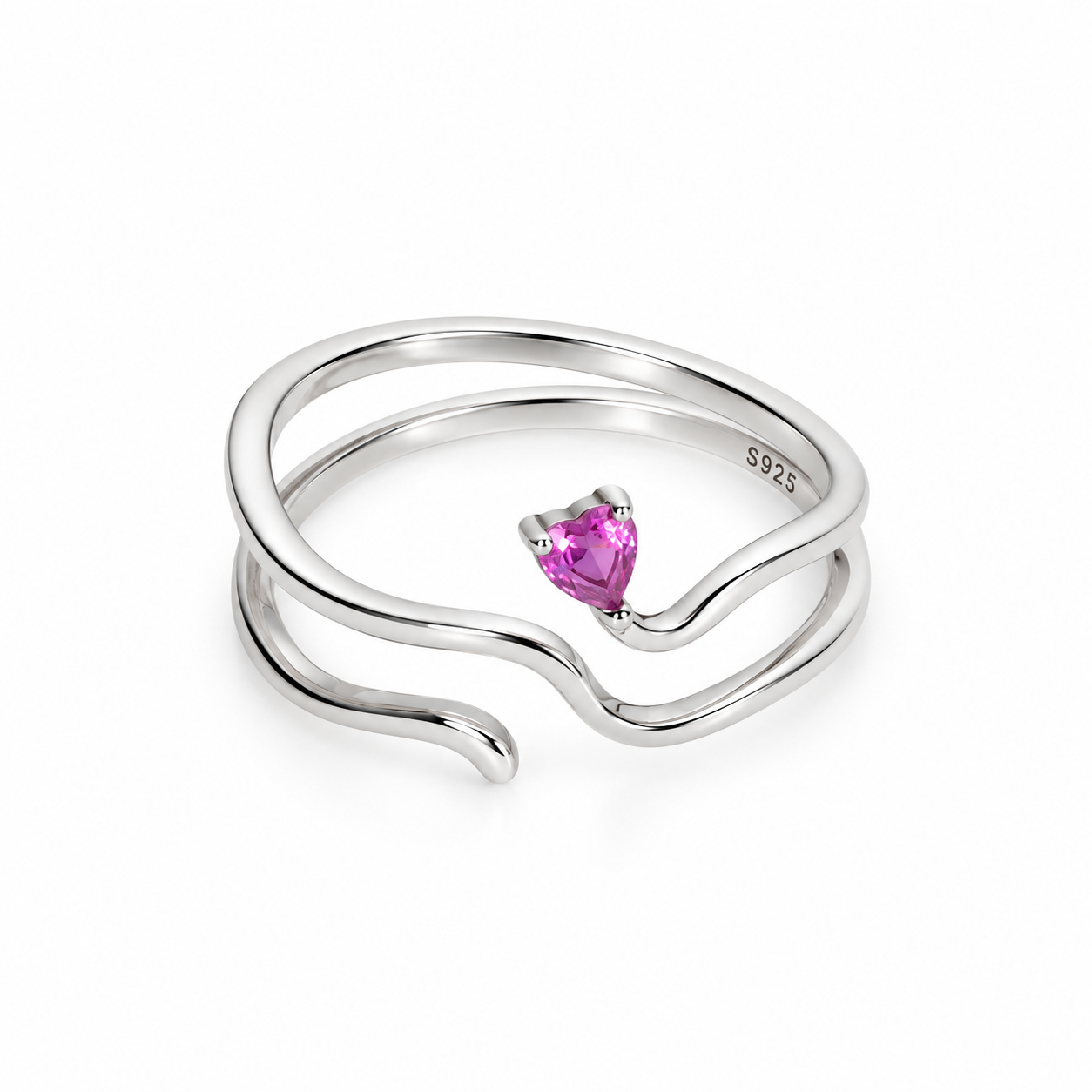 Pink Heart Layered Ring (Silver)