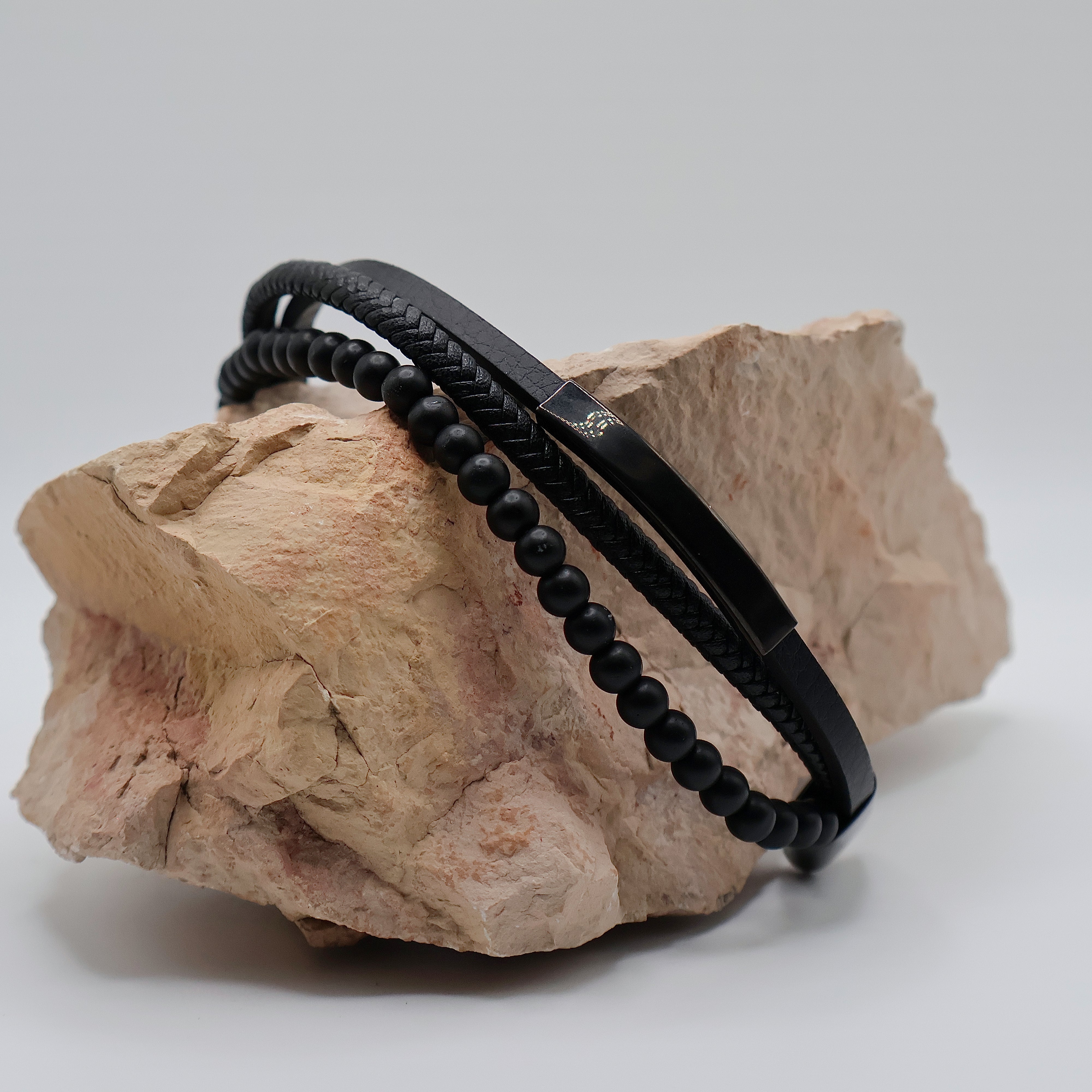 Onyx Leather Bracelet Stack