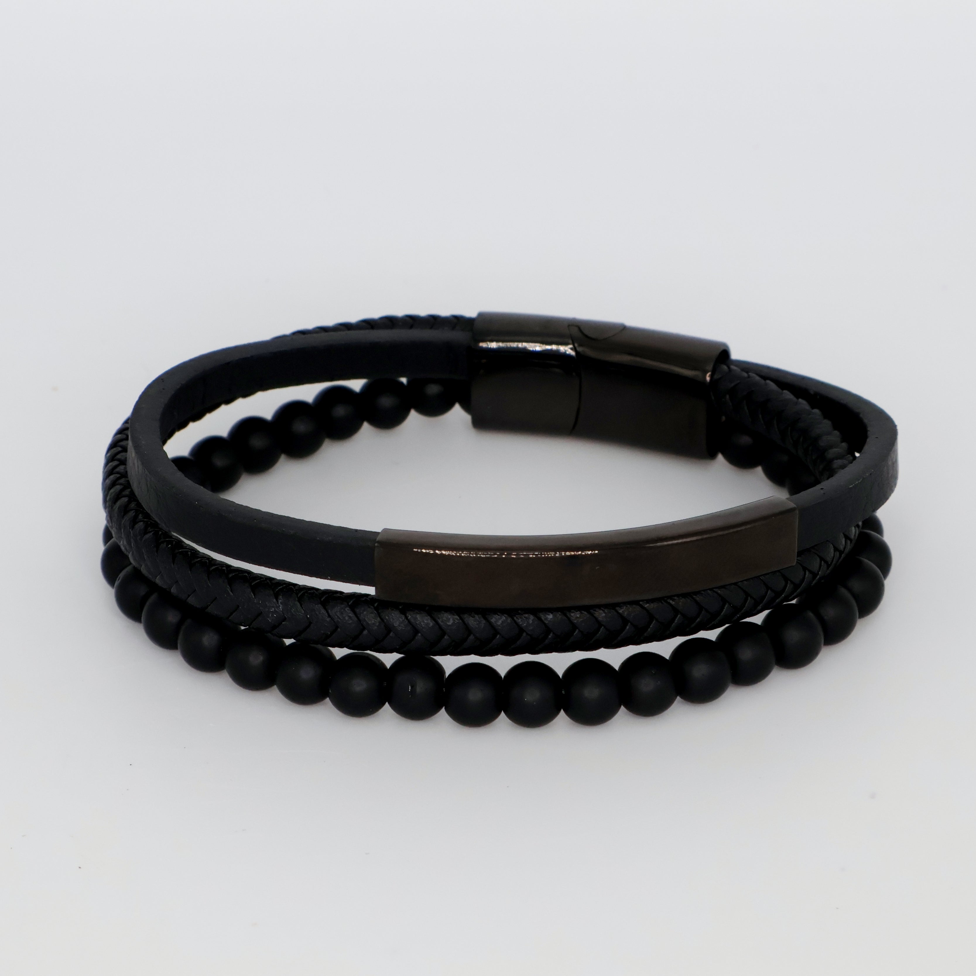Onyx Leather Bracelet Stack