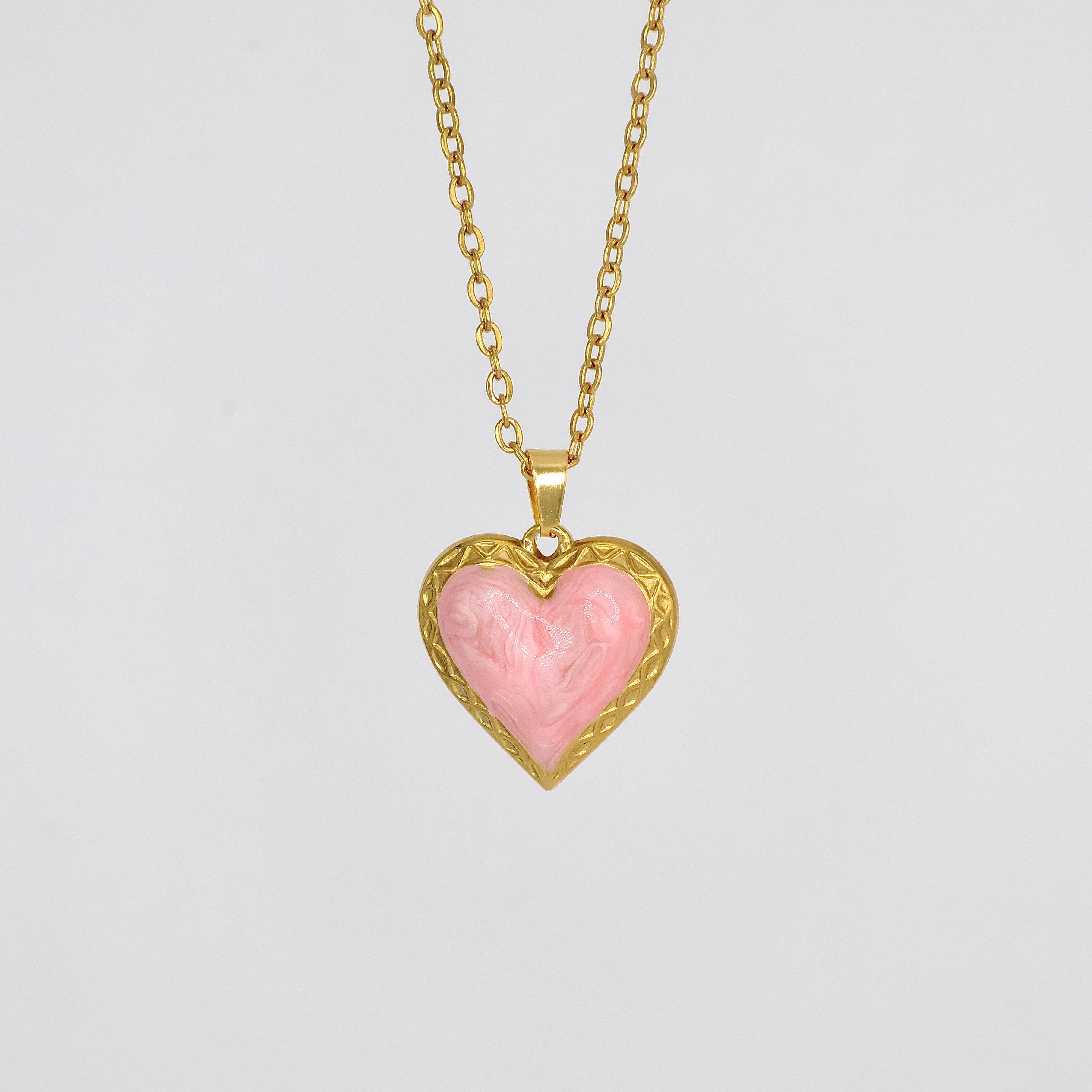 Pink Enamel Heart Necklace (Gold)