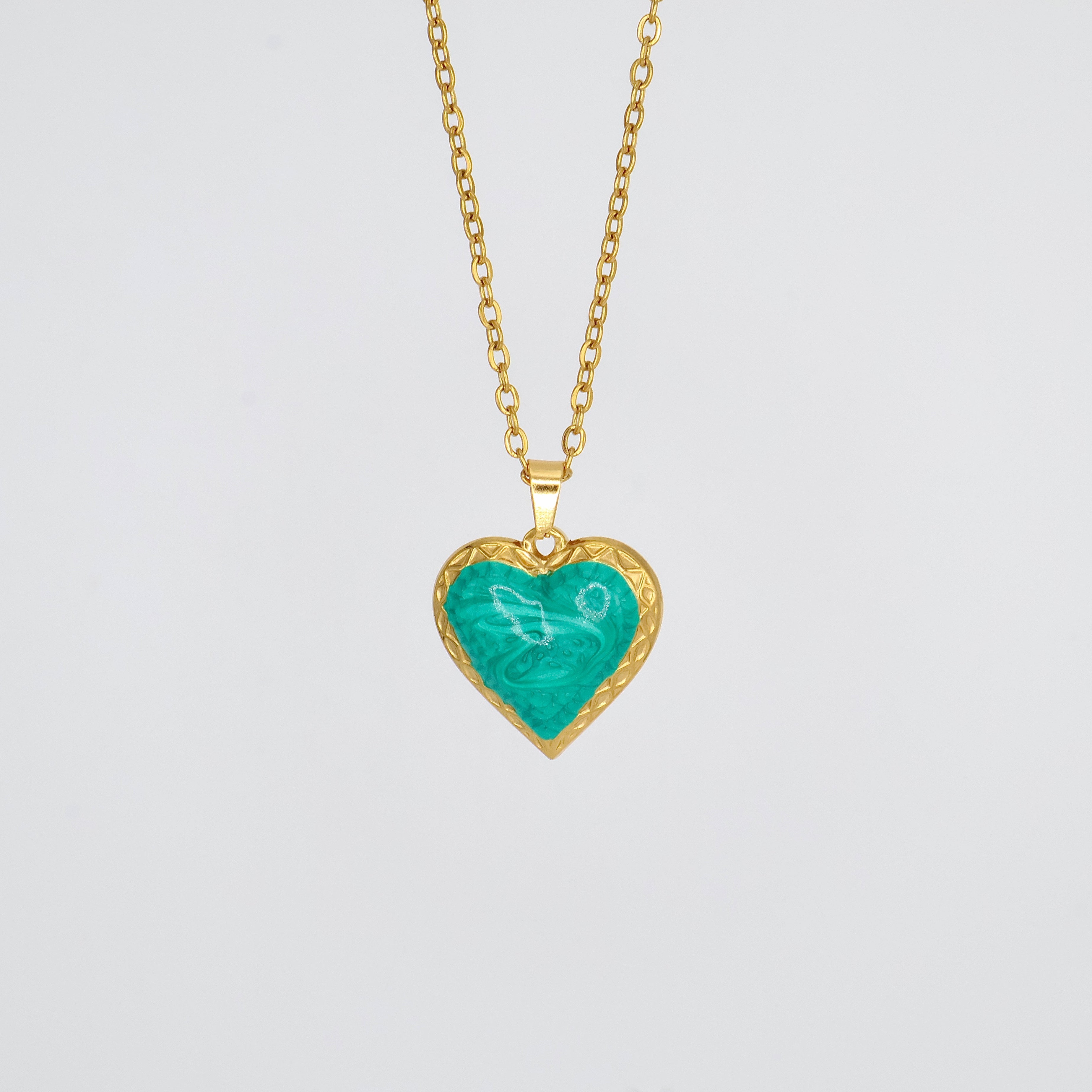 Turquoise Enamel Heart Necklace (Gold)